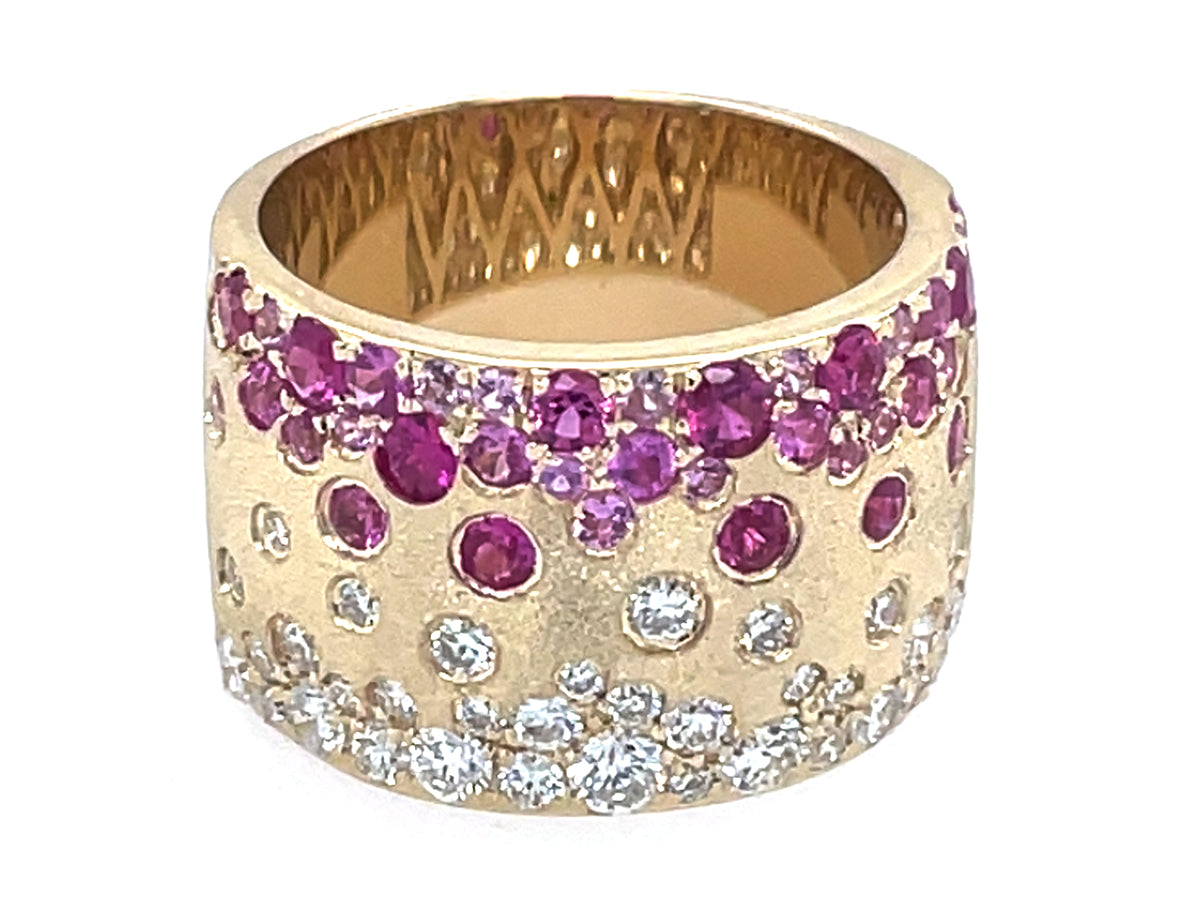 Pink Sapphire, Ruby Diamond Scattered 12.3mm Wide Flush Set Cigar Ring, Satin Finish, 14ky (H/U)