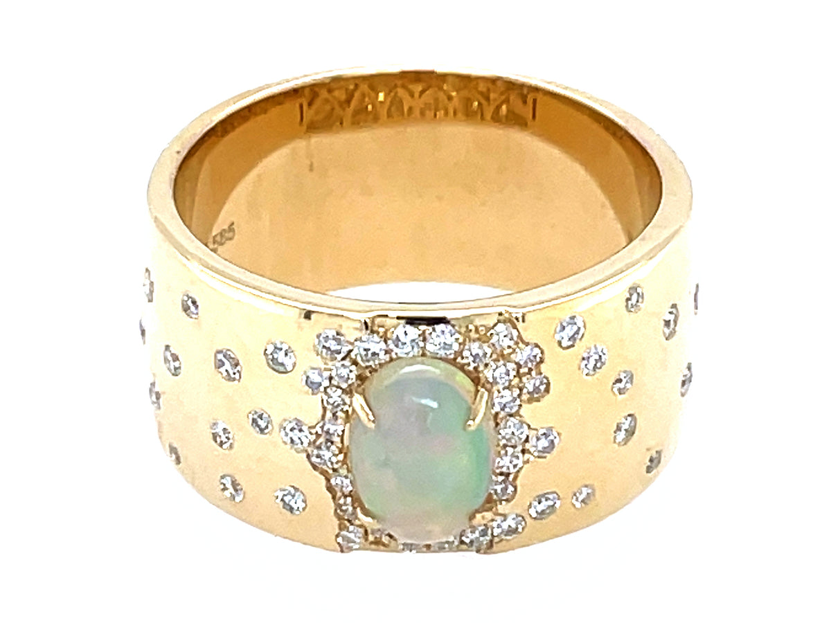 OPAL & DIAMOND HALO FLUSH SET CIGAR BAND RING, 14KY (O)
