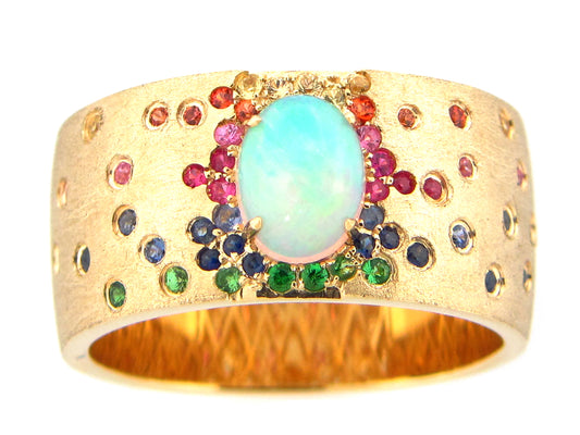 OPAL & RAINBOW SAPPH & TSAV HALO FLUSH SET RING, SATIN FINISH, 14KY (O/H/U/N)