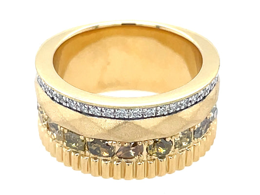 NATURAL FANCY COLOR & WHITE DIAMOND GEAR EDGE CIGAR BAND, 10MM, SATIN FINISH