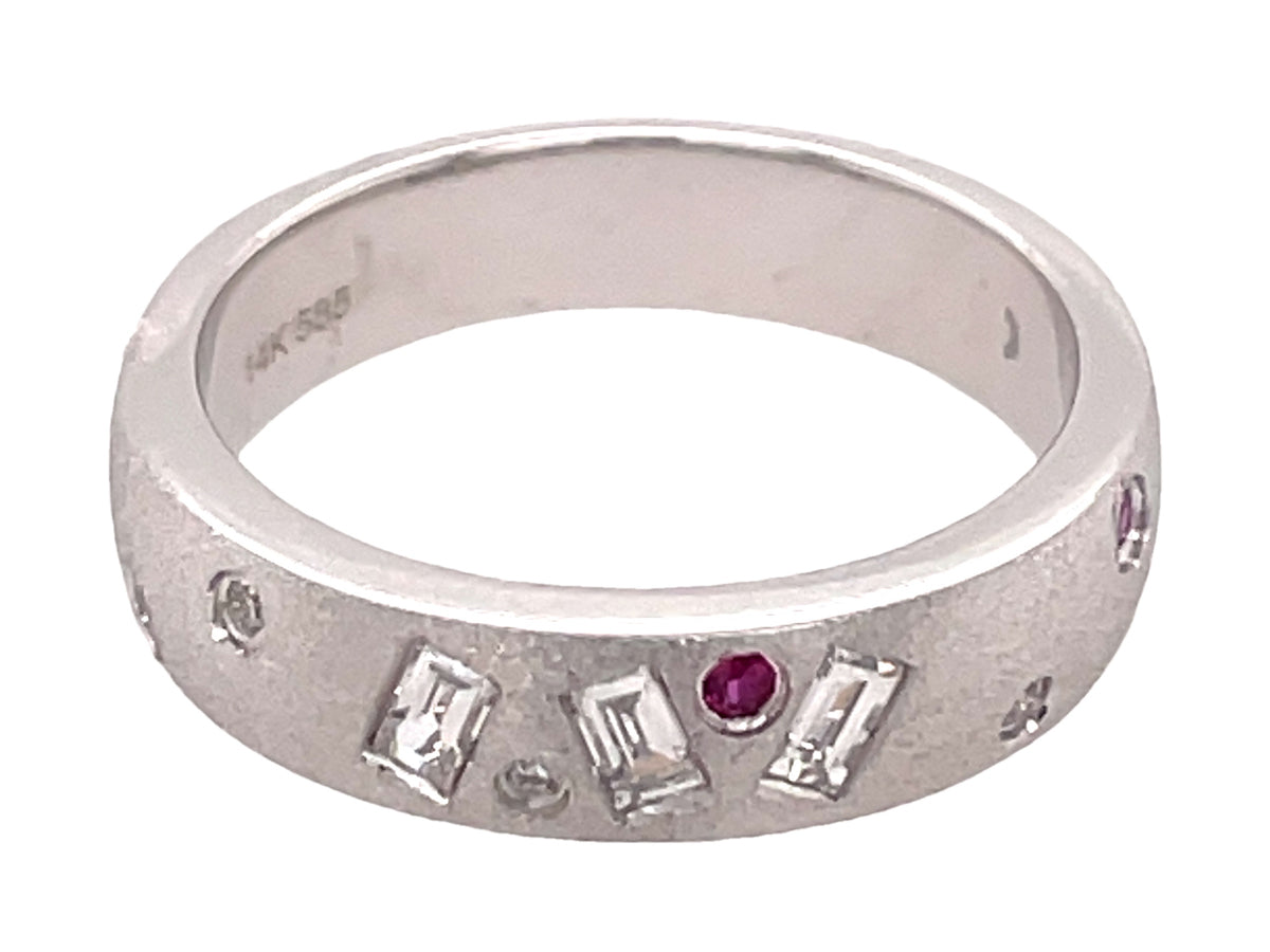 RUBY ROUNDS & DIAMOND BAGUETTES & ROUNDS FLUSH SET RING, SATIN FINISH, SIZE 4.5