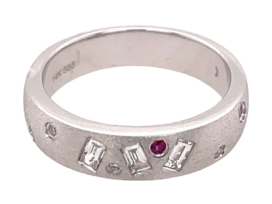 RUBY ROUNDS & DIAMOND BAGUETTES & ROUNDS FLUSH SET RING, SATIN FINISH, SIZE 4.5