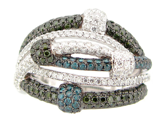 IRR BLUE, GREEN & WHITE DIAMOND RING, 14KW (R)