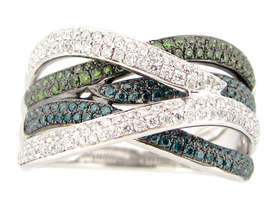 IRR BLUE, GREEN & WHITE DIAMOND RING, 14KW (R)