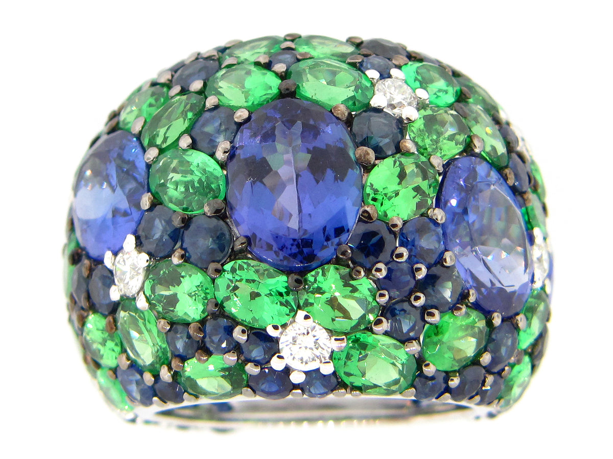 TANZANITE, TSAVORITE, SAPPHIRE & DIAMOND RING, 18KW (H/N)