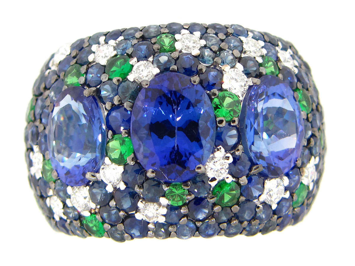 TANZANITE , TSAVORITE, & SAPPRE & DIAMOND RING, 18KW (H/N)