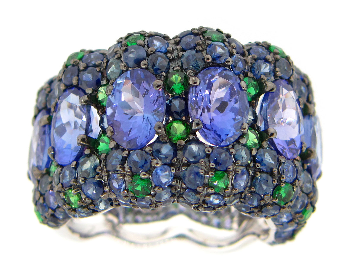 TANZANITE,  SAPPHIRE & TSAVORITE RING, 18KW (H/N)