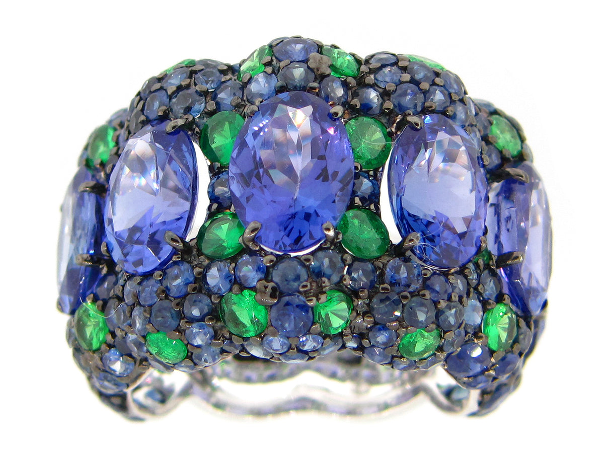TANZANITE, SAPPHIRE & TSAVORITE RING, 18KW (H/N)