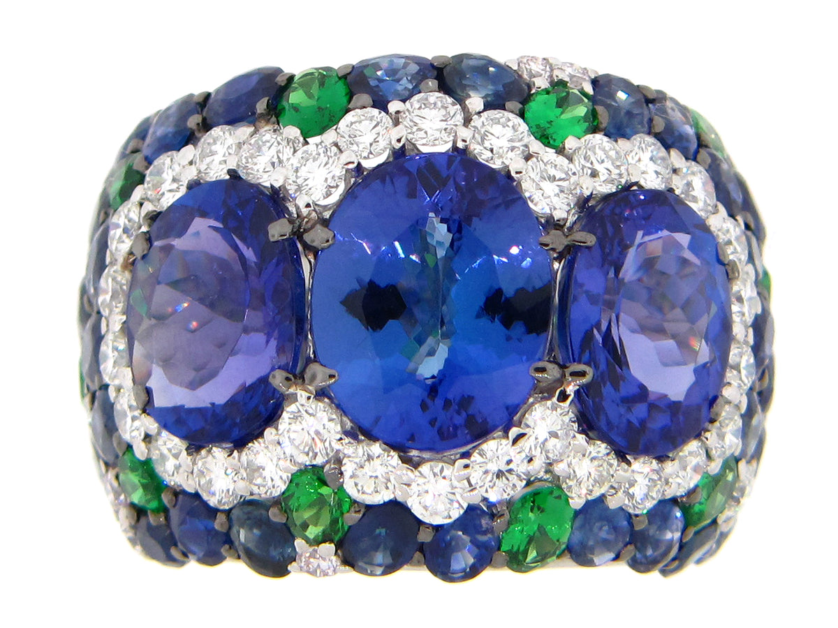 TANZANITE, TSAVORITE, SAPPHIRE & DIAMOND RING, 18KW (H/N)