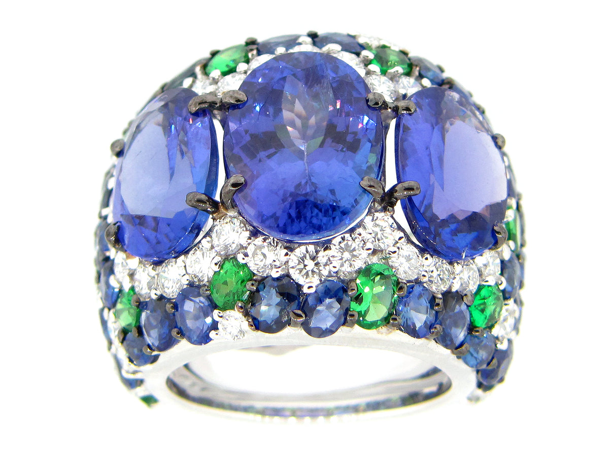 TANZANITE, TSAVORITE, SAPPHIRE & DIAMOND RING, 18KW (H/N)
