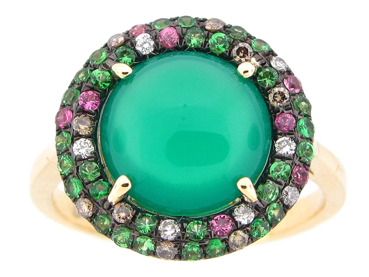 GREEN AGATE, PINK SAPPHIRE, TSAVORITE, BROWN & WHITE DIAMOND RING, 14KY (D/H/N)