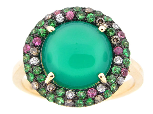 GREEN AGATE, PINK SAPPHIRE, TSAVORITE, BROWN & WHITE DIAMOND RING, 14KY (D/H/N)