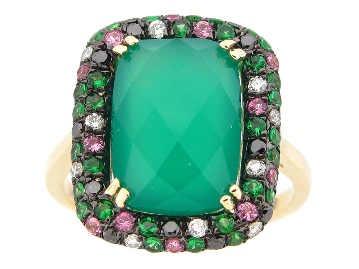 CHB GREEN AGATE, TSAVORITE, PINK SAPPHIRE, BLACK & WHITE DIAMOND RING, 14KY (D/H/R)