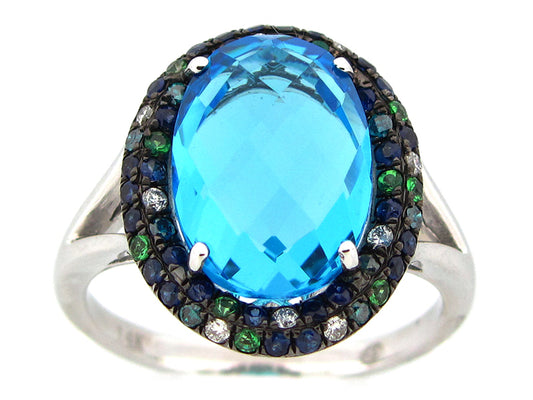 CHB BLUE TOPAZ, BLUE & WHITE DIAMOND, TSAVORITE & SAPPHIRE RING, 14KW (R/H/N)
