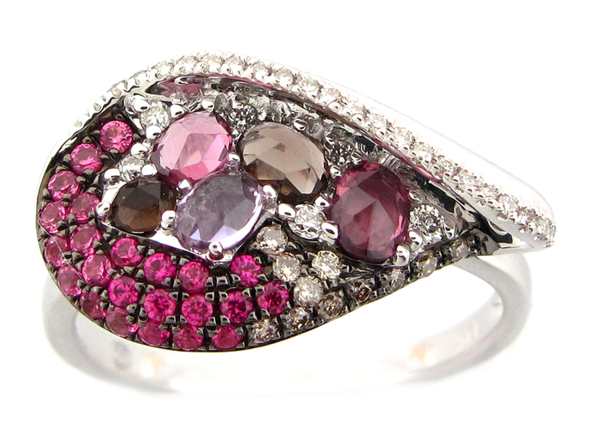 PINK SAPPHIRE, RHODOLITE, AM, SMOKEY QUARTZ, BROWN & WHITE DIAMOND RING, 14KW (H/N)
