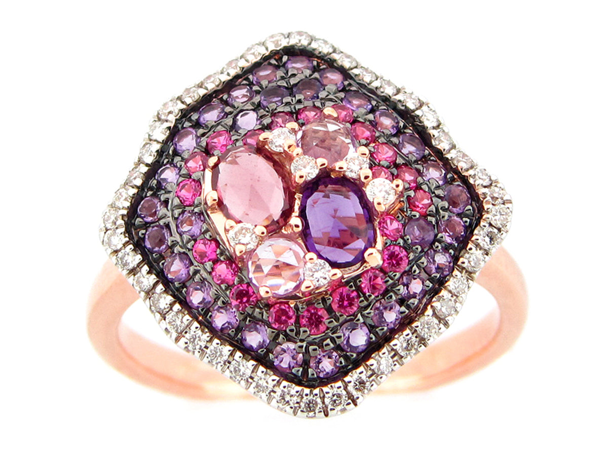 PINK SAPPHIRE, RHODOLITE, AMETHYST,& DIAMOND RING, 14KR (H/N)