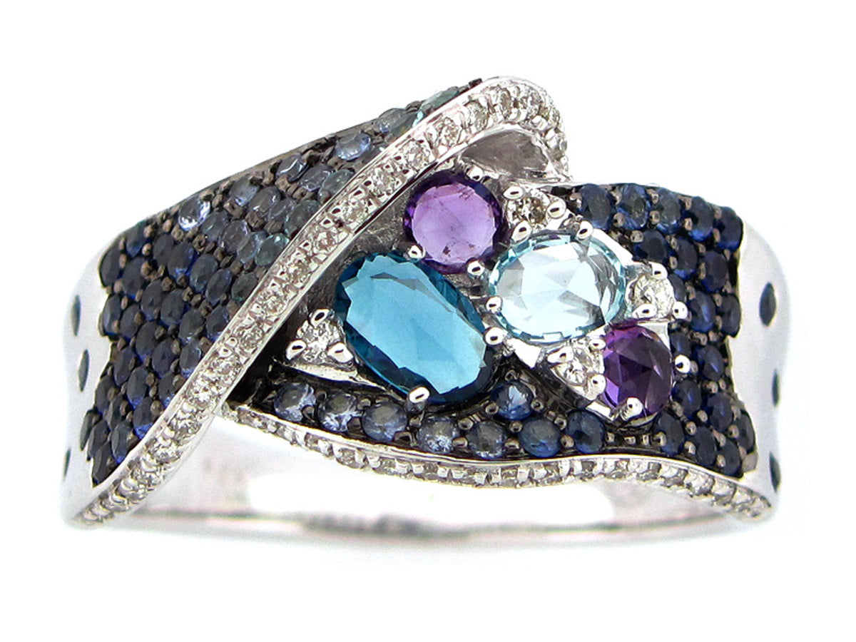 SAPPHIRE, BLUE TOPAZ, AMETHYST & DIAMOND RING, 14KW (H/R)