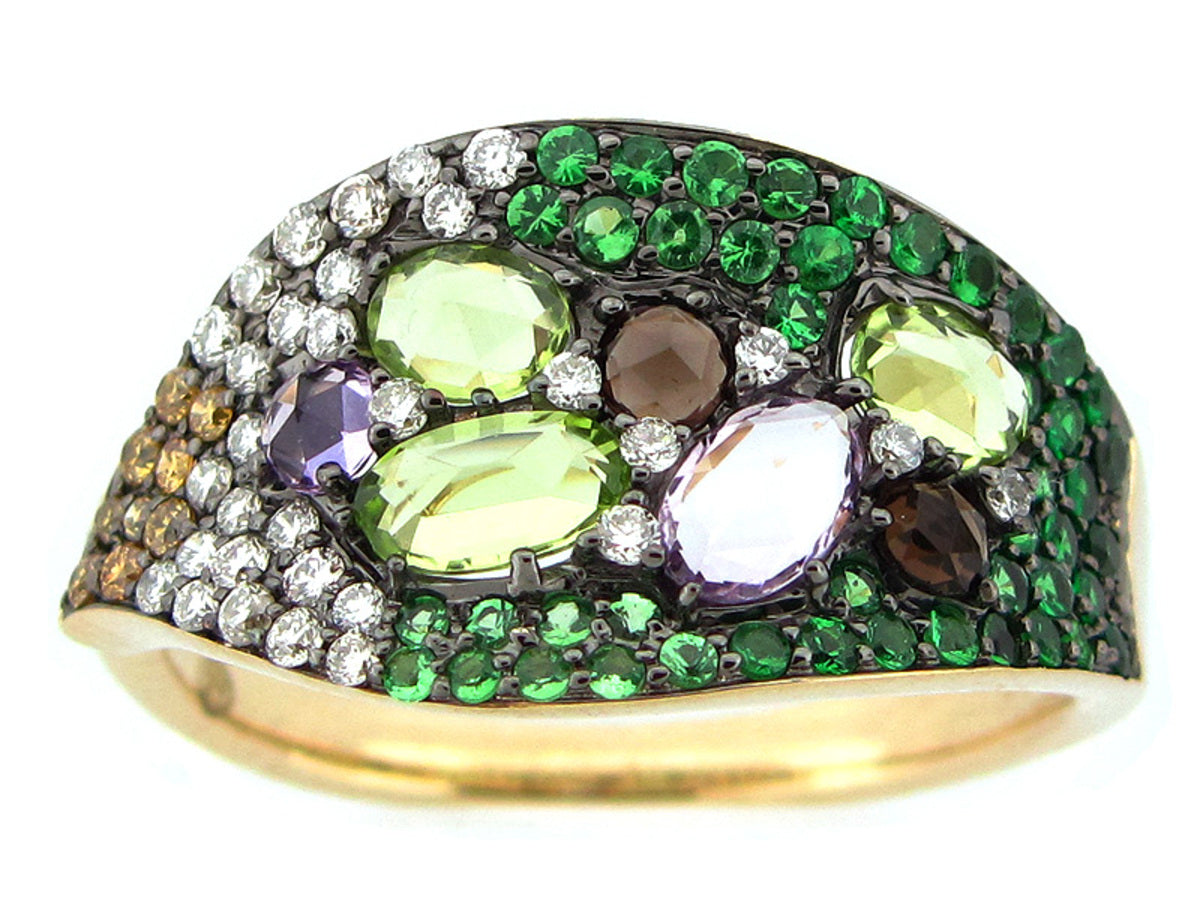 TSAVORITE, PERIDOT, AMETHYST, SMOKEY QUARTZ, YELLOW & WHITE DIA. RING, 14KY (H/R/N)