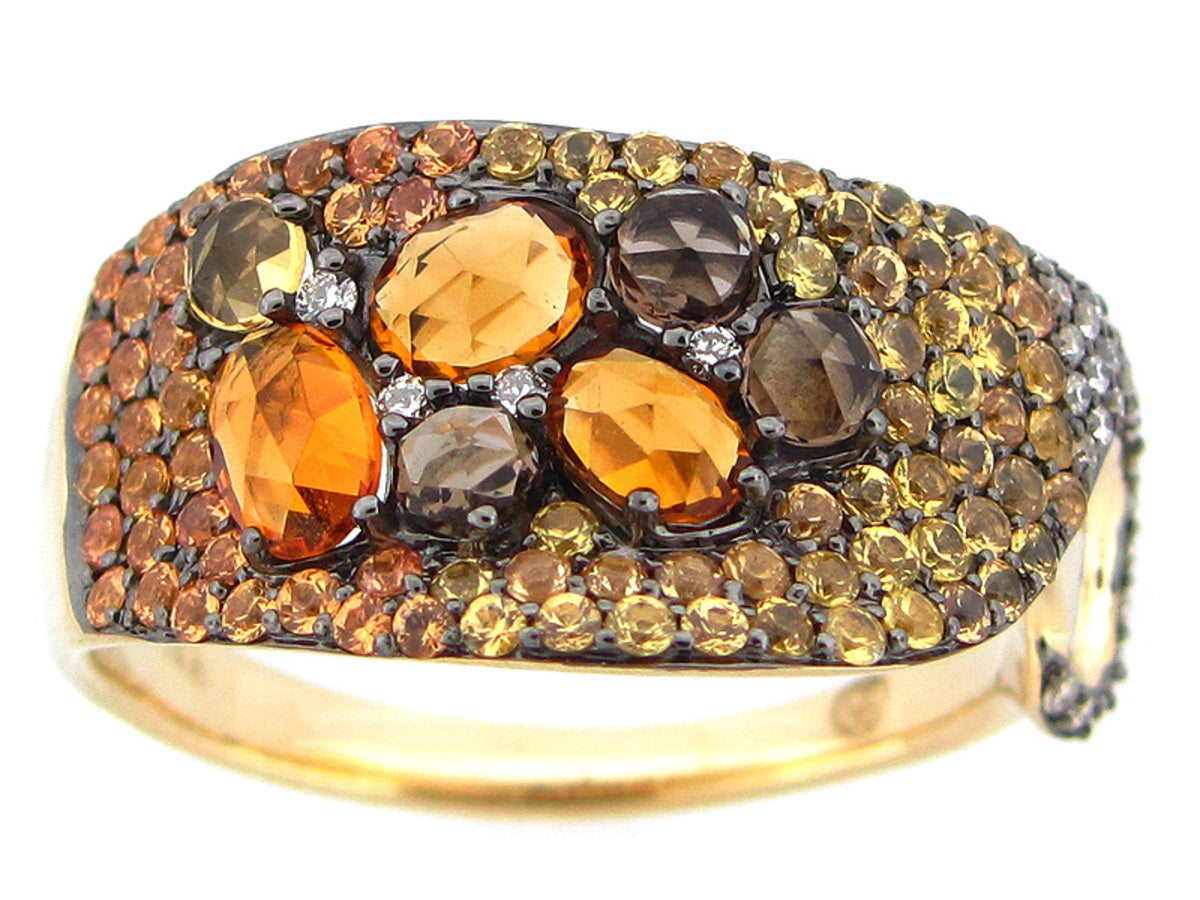 ORANGE SAPPHIRE, CITRINE, SMOKEY QUARTZ & DIAMOND RING, 14KY (H)