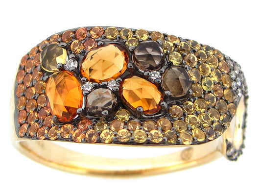 ORANGE SAPPHIRE, CITRINE, SMOKEY QUARTZ & DIAMOND RING, 14KY (H)