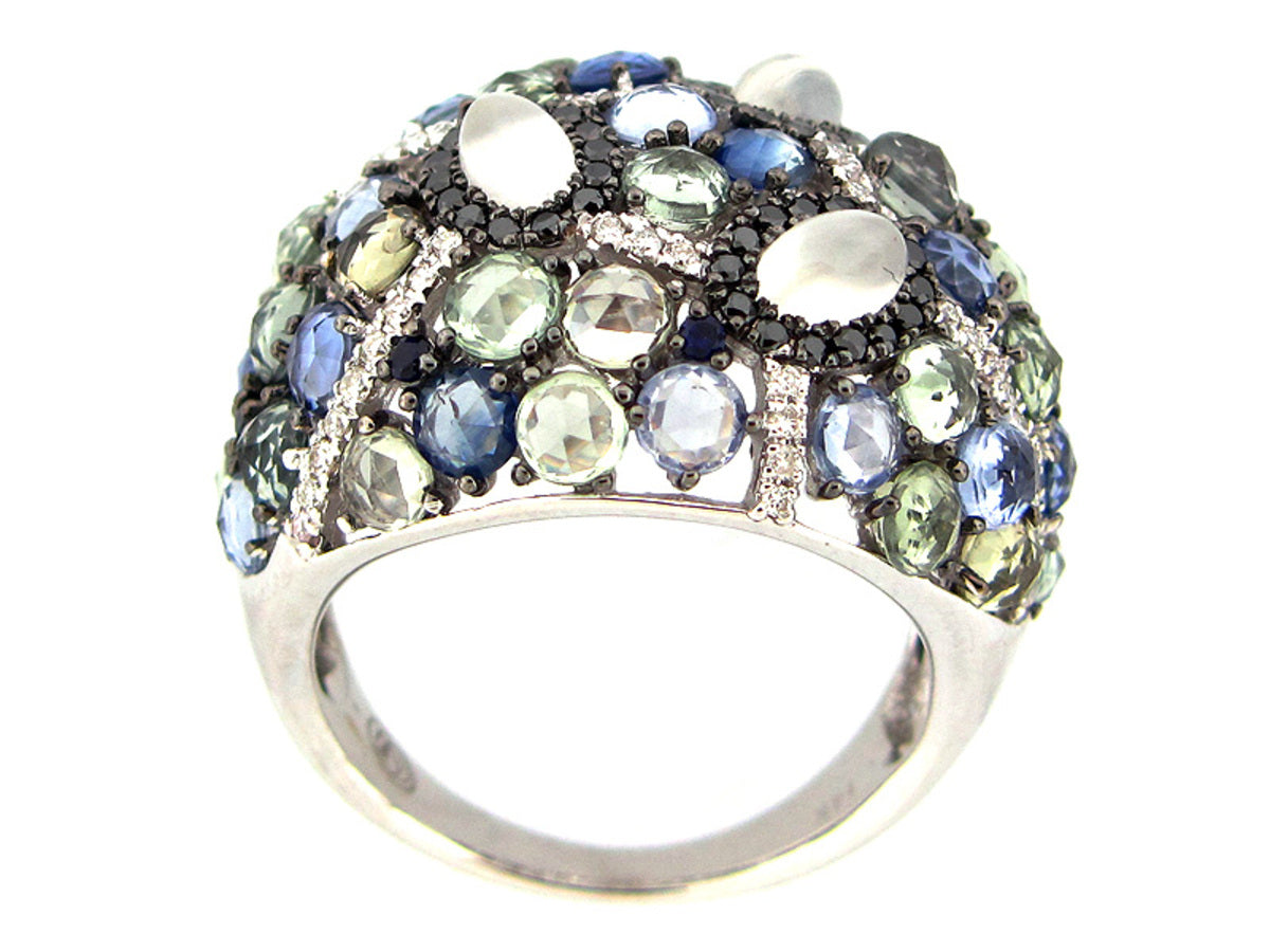 ROSE CUT SAPPHIRE, GREEN SAPPHIRE, MOONSTONES, BLACK & WHITE DIAMOND RING, 14KW (H/R)