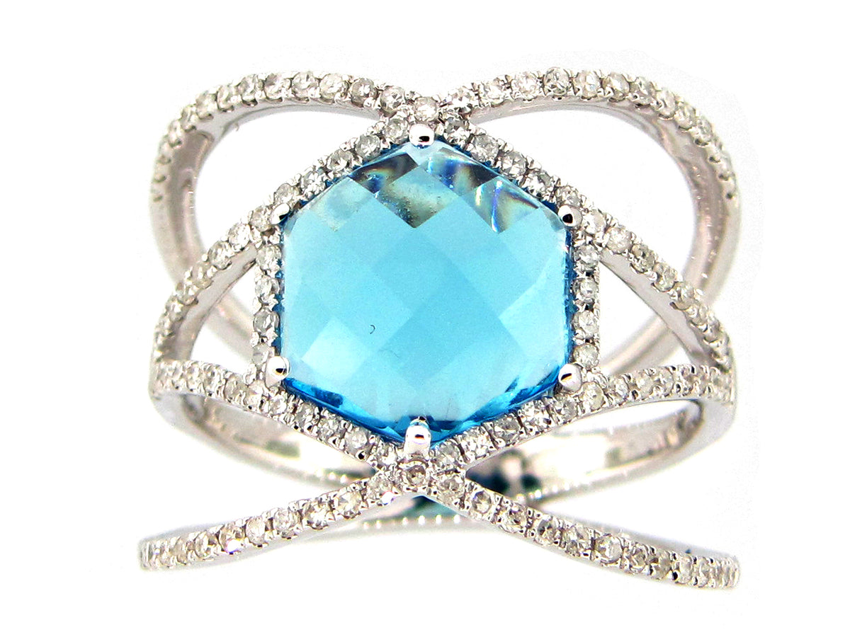 BLUE TOPAZ & DIAMOND RING, 14KW (R)