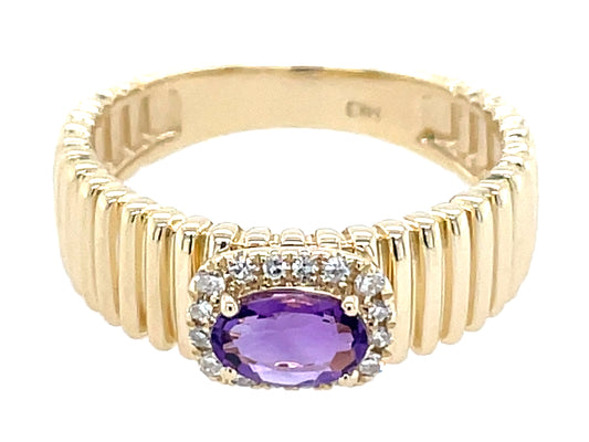 Amethyst Oval Diamond Halo Ribbed Ring