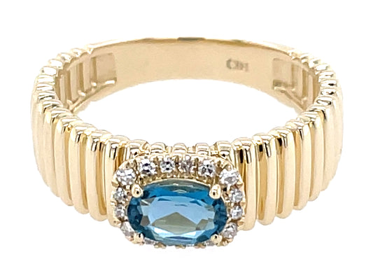 Blue Topaz Oval Diamond Halo Ribbed Ring, 14ky (R)