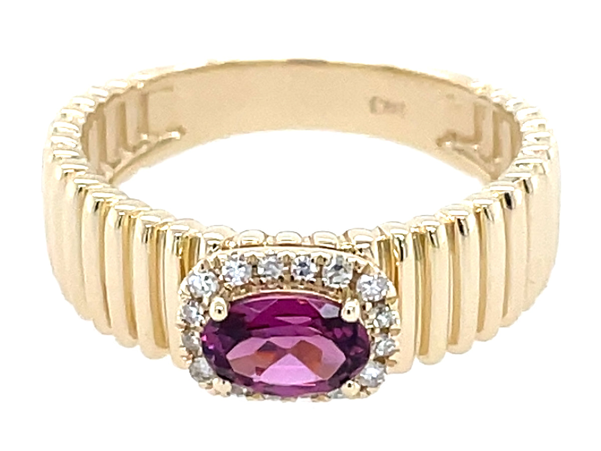 Rhodolite Oval Diamond Halo Ribbed Ring, 14ky (N)