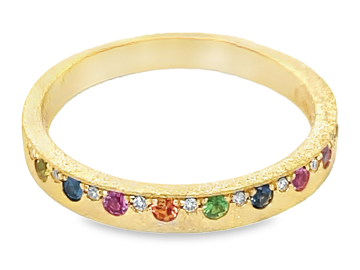 Rainbow Sapphire, Ruby, Tsavorite Diamond Offset Ring, 2.75mm, Satin Finish