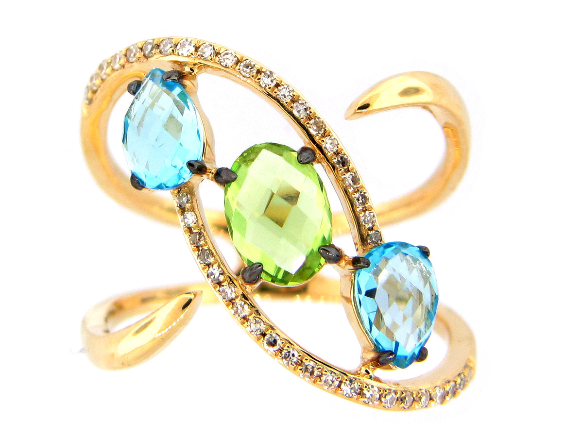 ROSE CUT PERIDOT, BLUE TOPAZ & DIAMOND RING, 14KY (N/R)