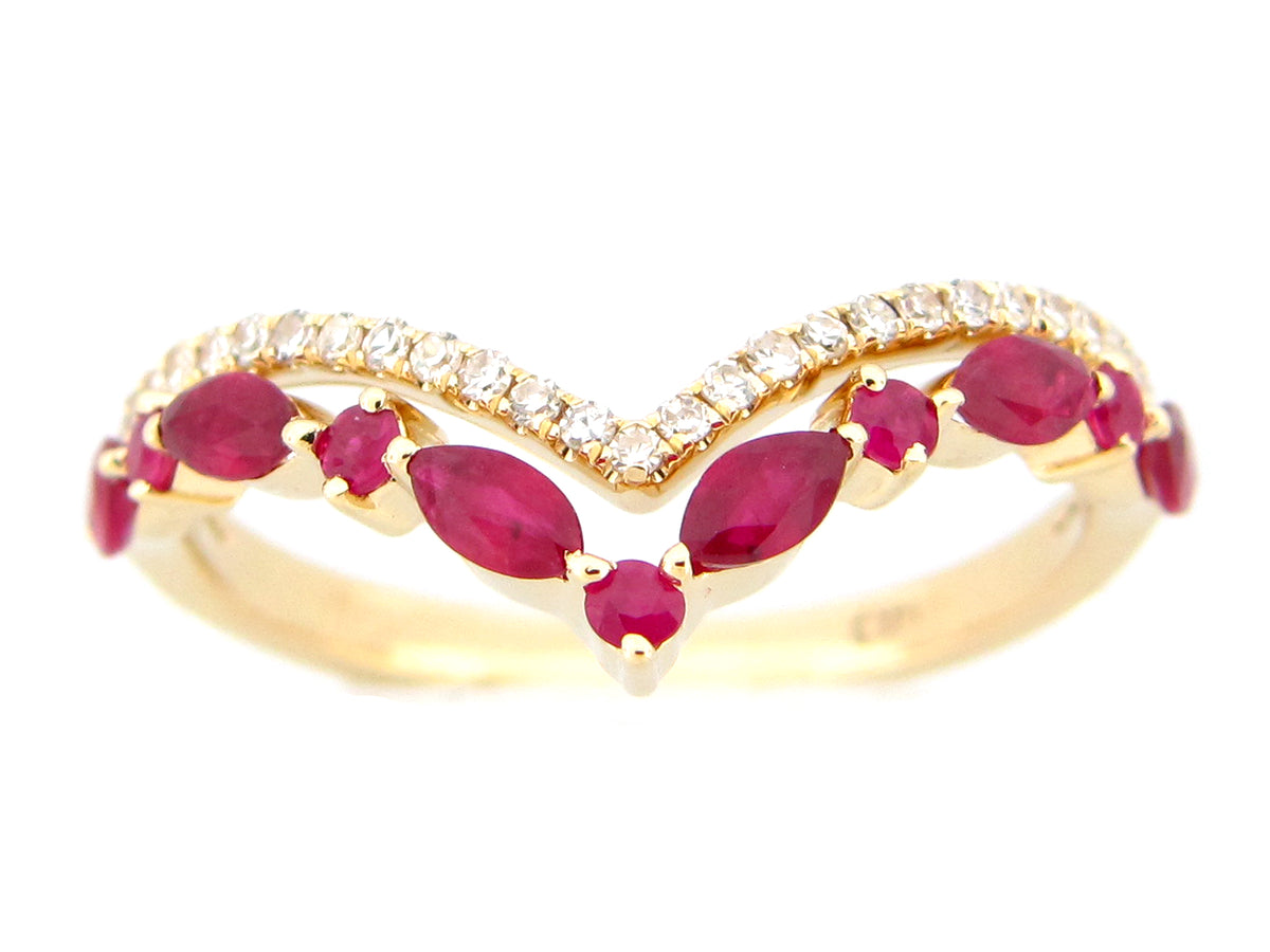 RUBY & DIAMOND V RING, 14KY (H)
