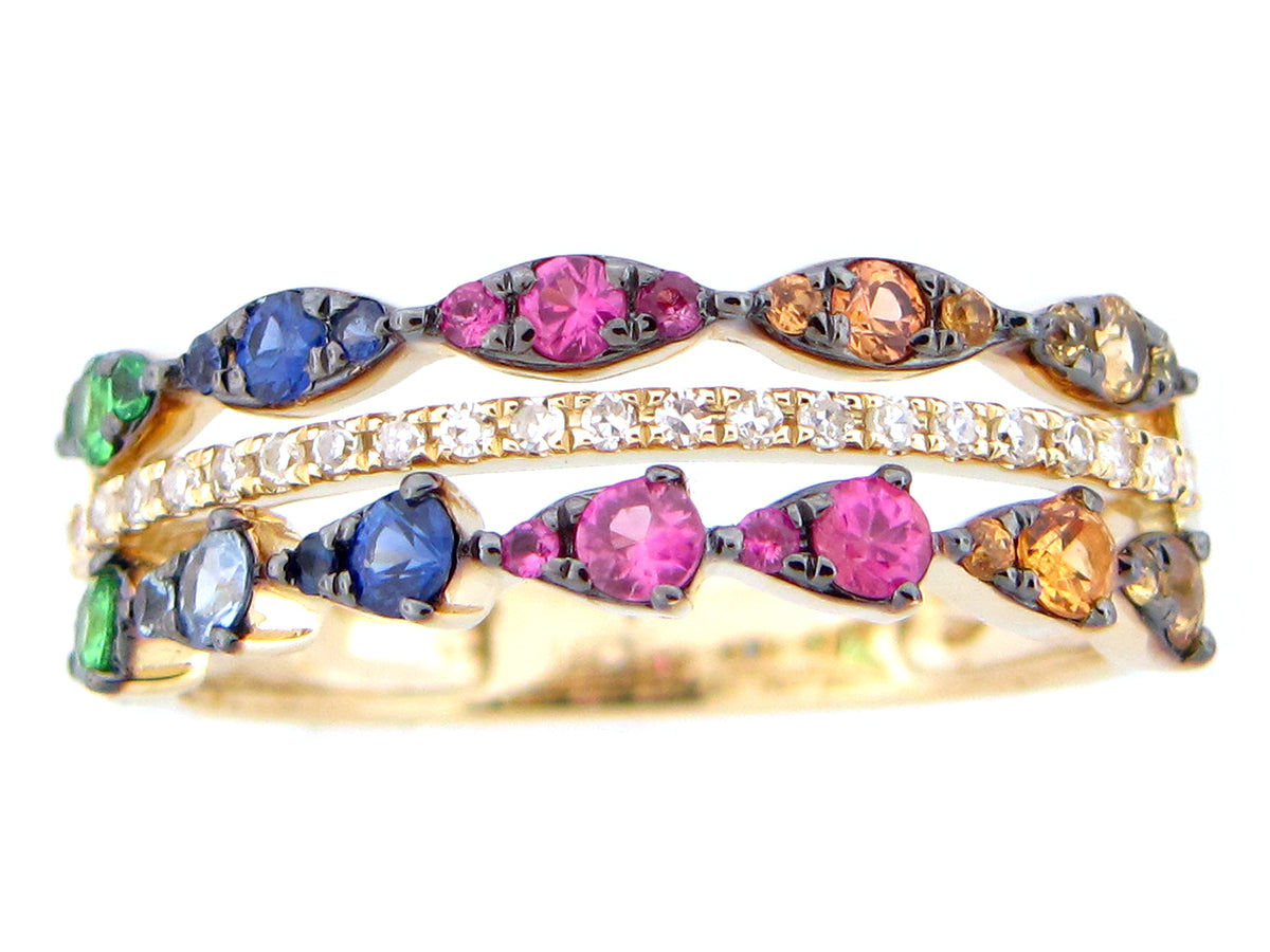 RAINBOW SAPPHIRE, TSAVORITE & DIAMOND RING, 14KY (H/U/N)