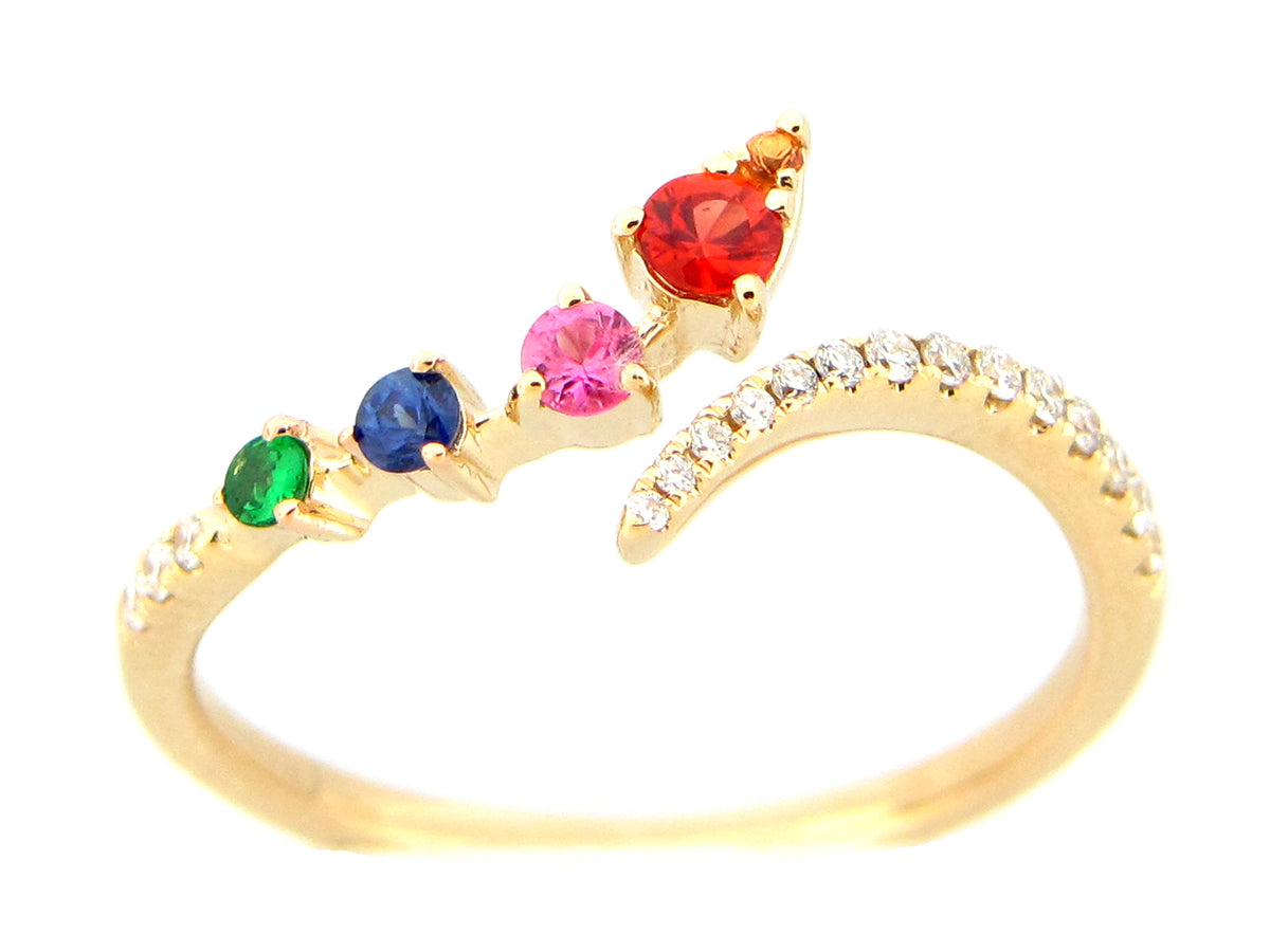RAINBOW SAPPHIRE, TSAVORITE & DIAMOND BYPASS RING, 14KY (H/U/N)
