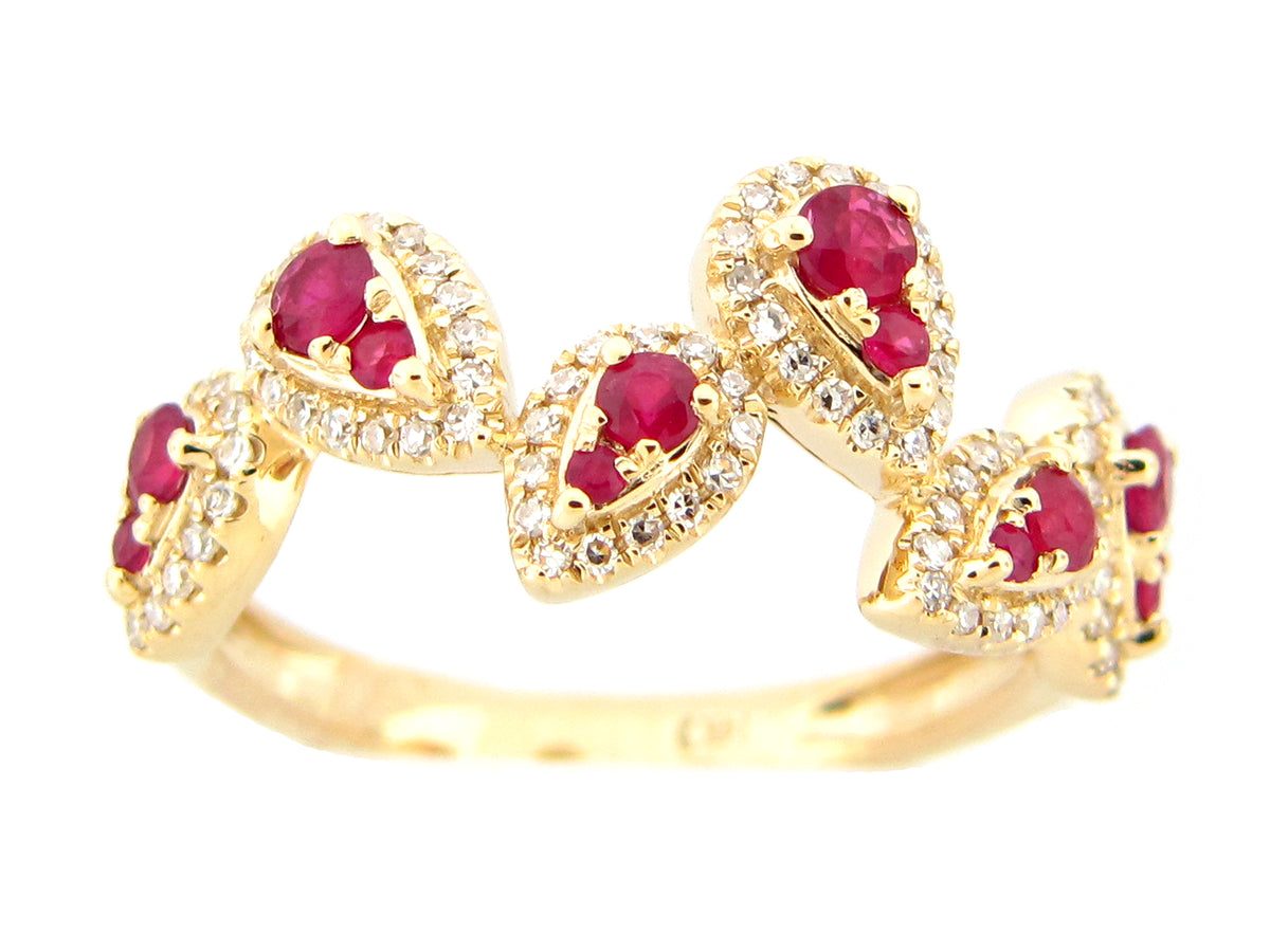 RUBY & DIAMOND PEAR CLUSTER PIVOTING RING, 14KY (H)