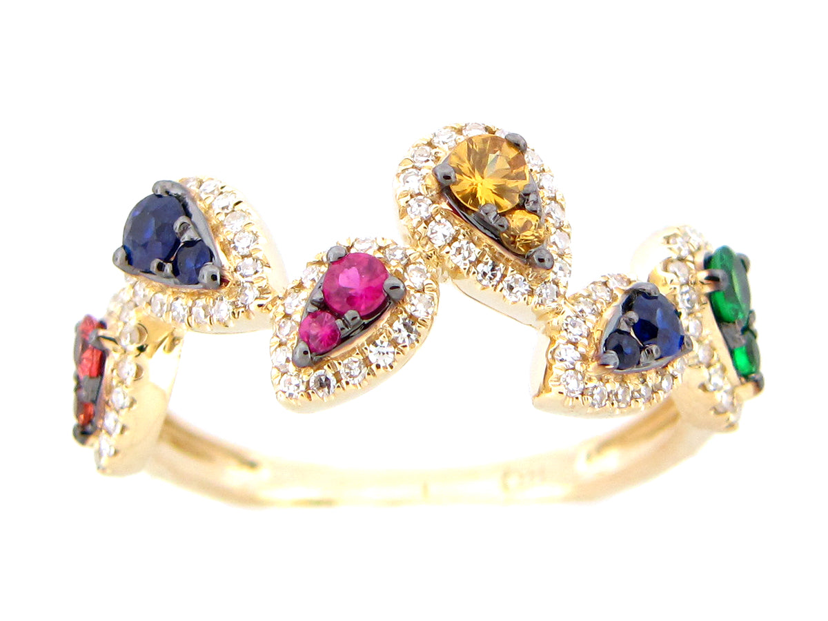 RAINBOW SAPPHIRE, TSAVORITE & DIAMOND PEAR CLUSTER PIVOTING RING, 14KY (H/U/N)