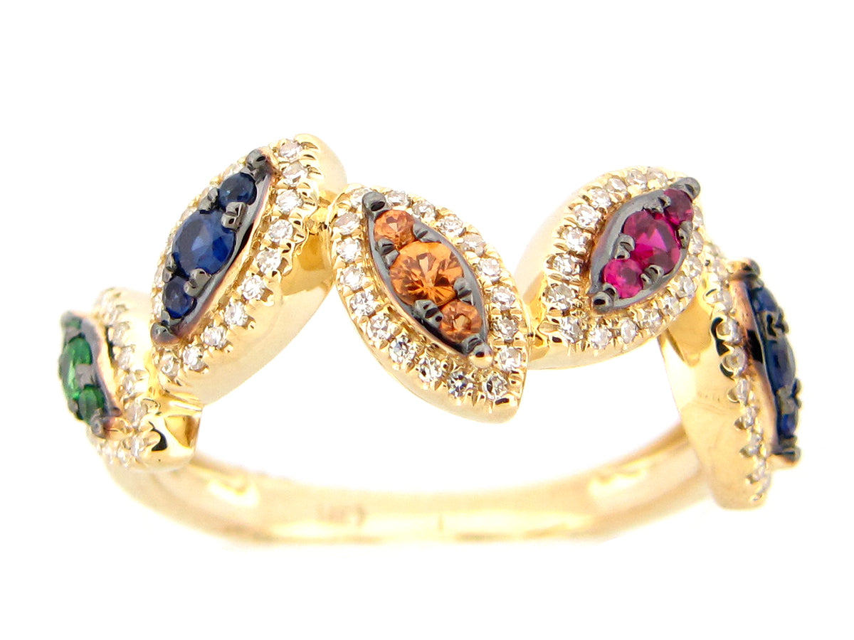RAINBOW SAPPHIRE, TSAVORITE & DIAMOND MARQUISE CLUSTER PIVOTING RING, 14KY (H/U/N)