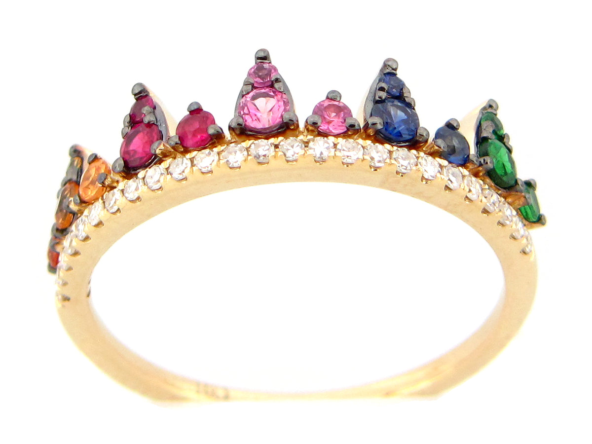 RAINBOW SAPPHIRE, TSAVORITE & DIAMOND CROWN RING, 14KY (H/U/N)