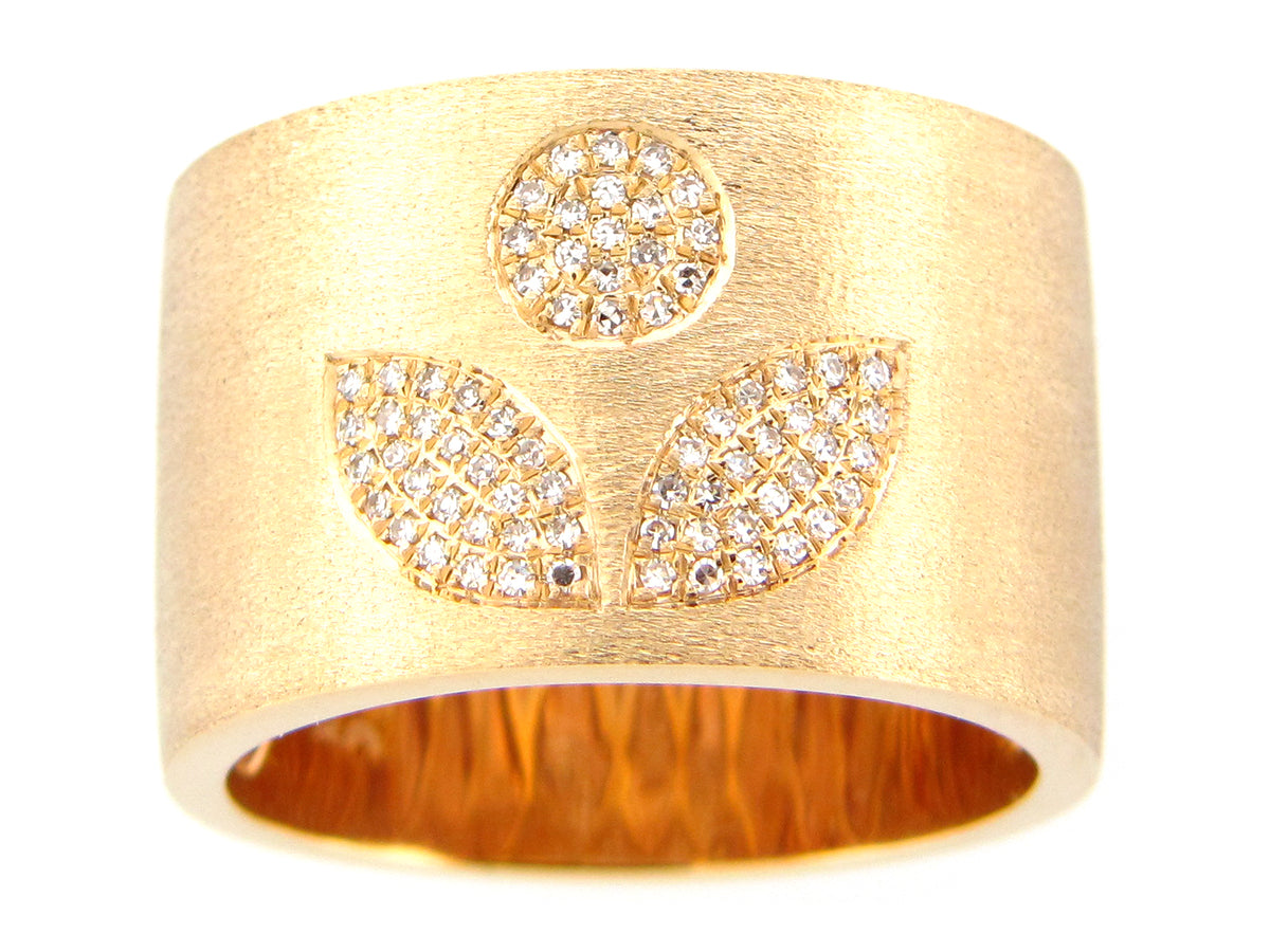 DIAMOND PAVE FLOWER FLUSH SET CIGAR BAND RING, 14KY (N)