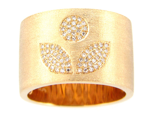 DIAMOND PAVE FLOWER FLUSH SET CIGAR BAND RING, 14KY (N)