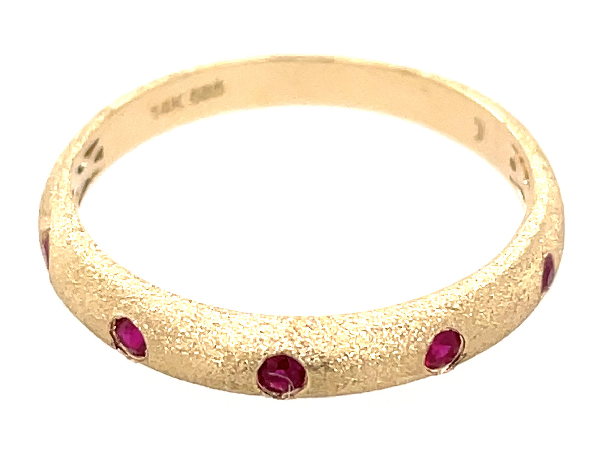 RUBY 5 STONE BURNISH SET RING, SATIN FINISH, 14KY (H)