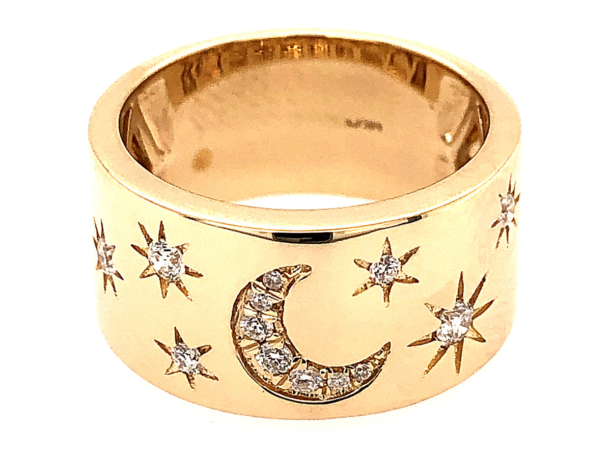 DIAMOND CRESCENT MOON & STARS CIGAR BAND RING, 10MM, 14KY (N)
