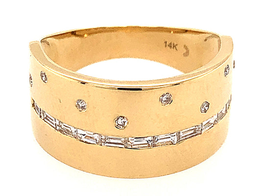 DIAMOND BAGUETTE & ROUND FLUSH SET RING, 14KY (N)