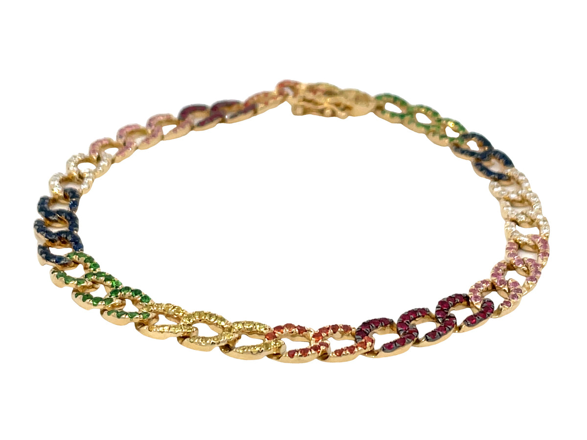 Rainbow Sapphire, Tsavorite Diamond Pave Cuban Link Bracelet, 5.6mm, 7.50", 14ky (H/U/N)