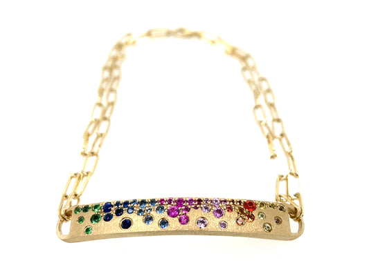 Rainbow Sapphire, Ruby Tsavorite Curved Bar Bracelet, 7", 2 Row Paperclip Chain, Satin Finish