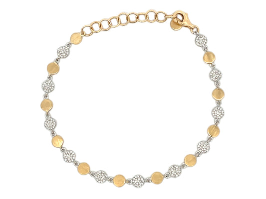 DIAMOND DISC ALTERNATING GOLD BRACELET, 6+1.5", SATIN FINISH