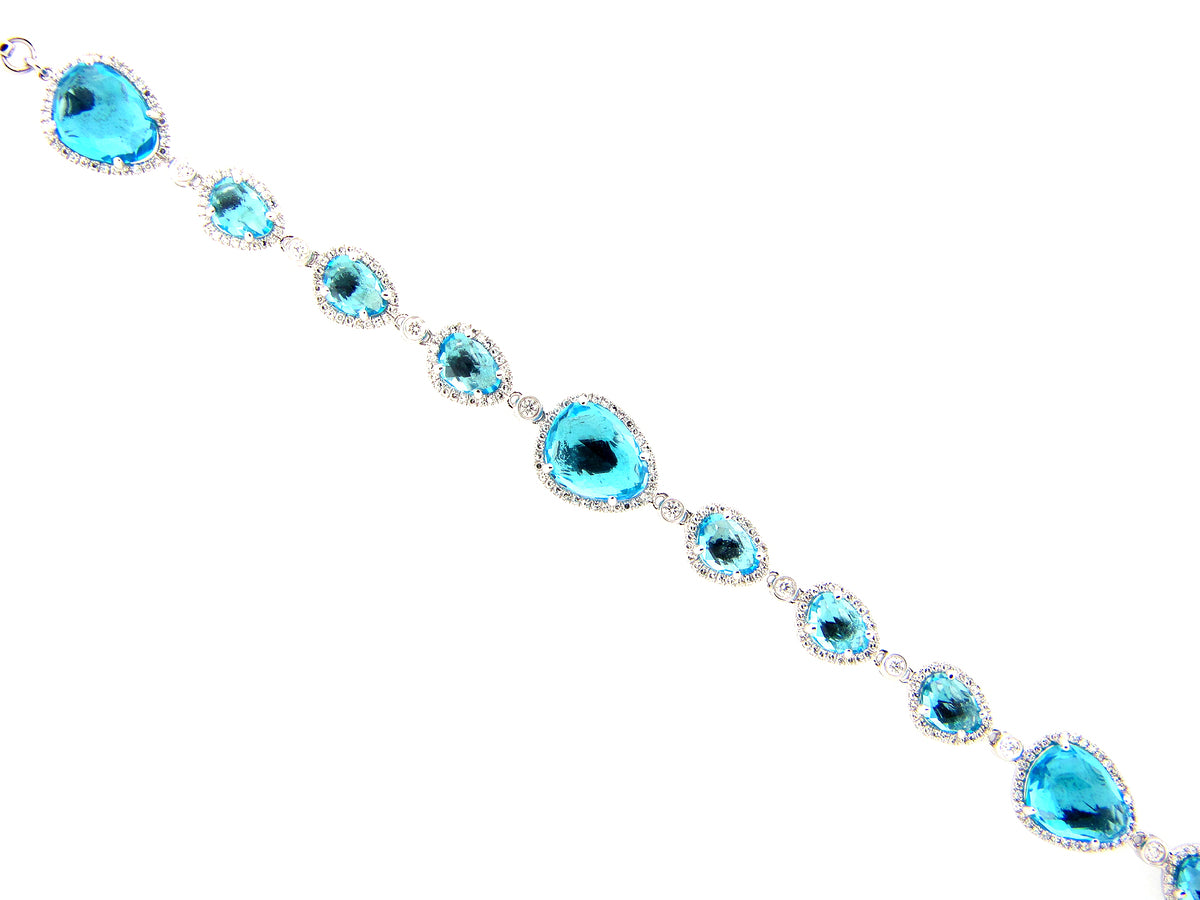 SWISS BLUE TOPAZ & DIAMOND BRACELET, 6" PLUS 1.5 " EXTENSION, 14KW  (H)