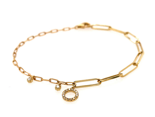 DIAMOND CIRCLE CHARM 2 GAUGE PAPERCLIP CHAIN BRACELET, 7"