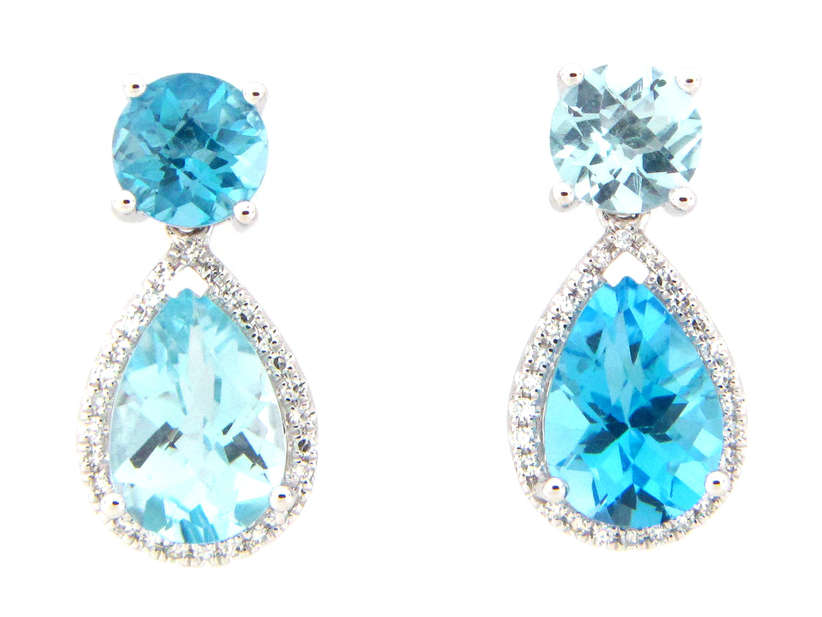 SWISS & SKY BLUE TOPAZ & DIAMOND CROSS PAIR DANGLE EARRING, 14KW (R)
