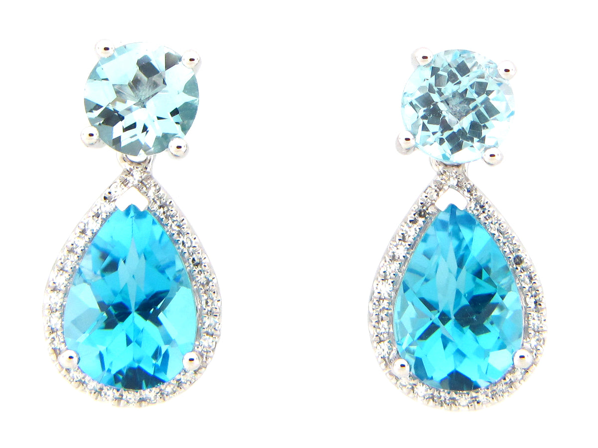 SWISS & SKY BLUE TOPAZ & DIAMOND MIX PAIR DANGLE EARRING, 14KW (R)